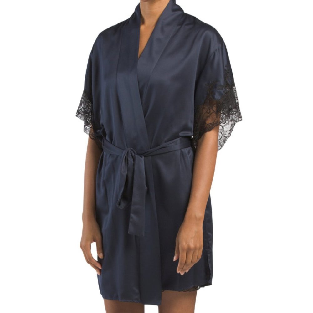 NEW NATORI Plume Classic Navy Black Lace Trim Sleeve Short Kimono Belt Tie Robe - Picture 1 of 4